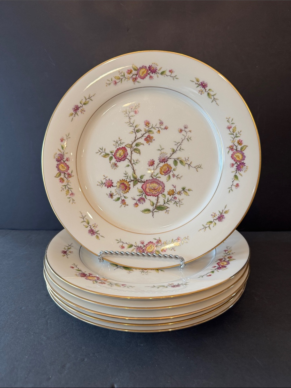 Set of 6 Noritake Asian Song Dinner Plates Floral Gold Rim 10.5” W